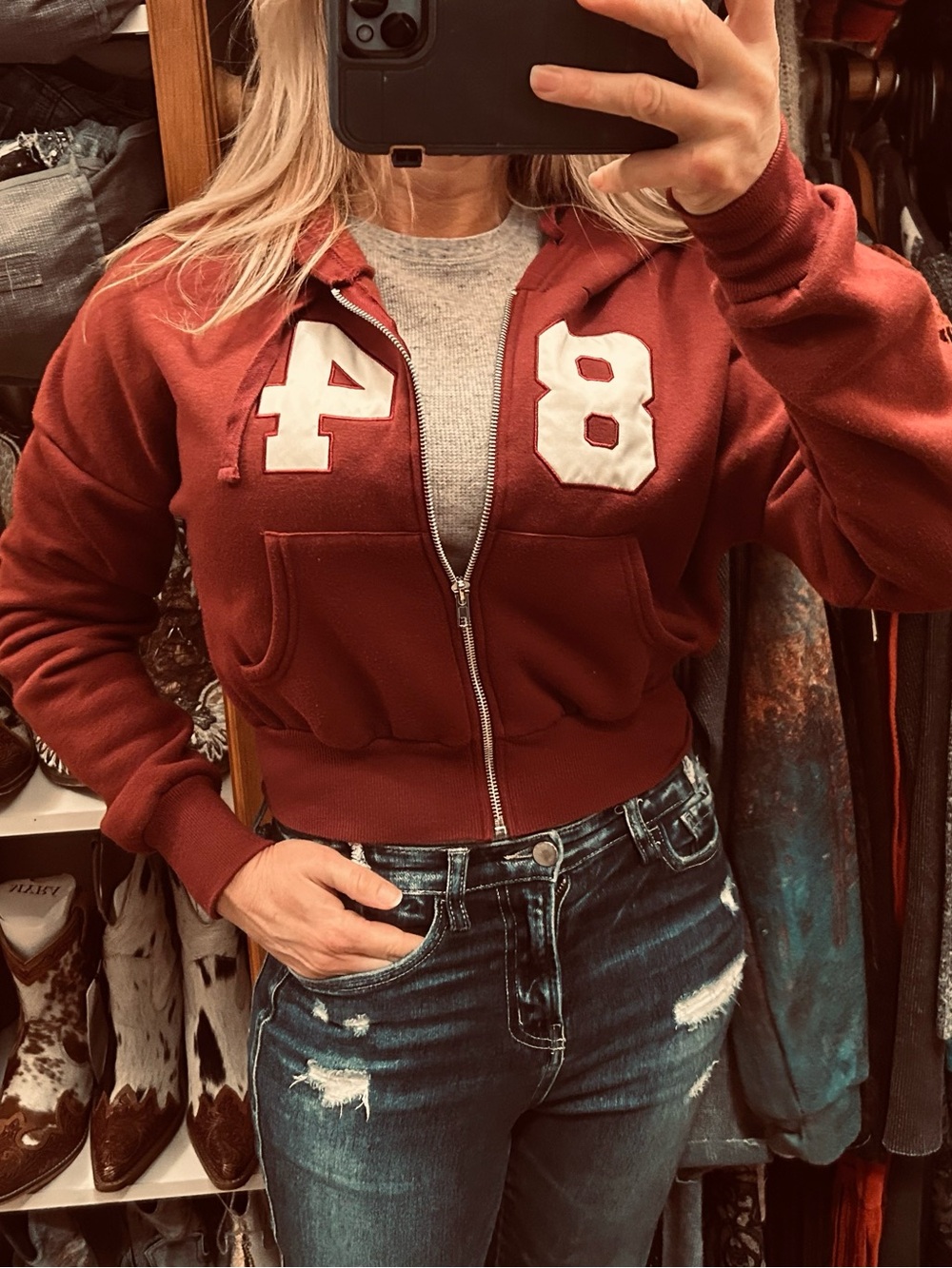 Cropped Maroon zip Hoodie with White Number Patches